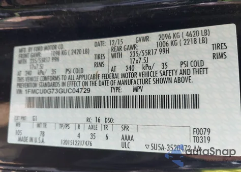 2016 Ford Escape Se z USA, uszkodzony, nr VIN 1FMCU0G73GUC04729